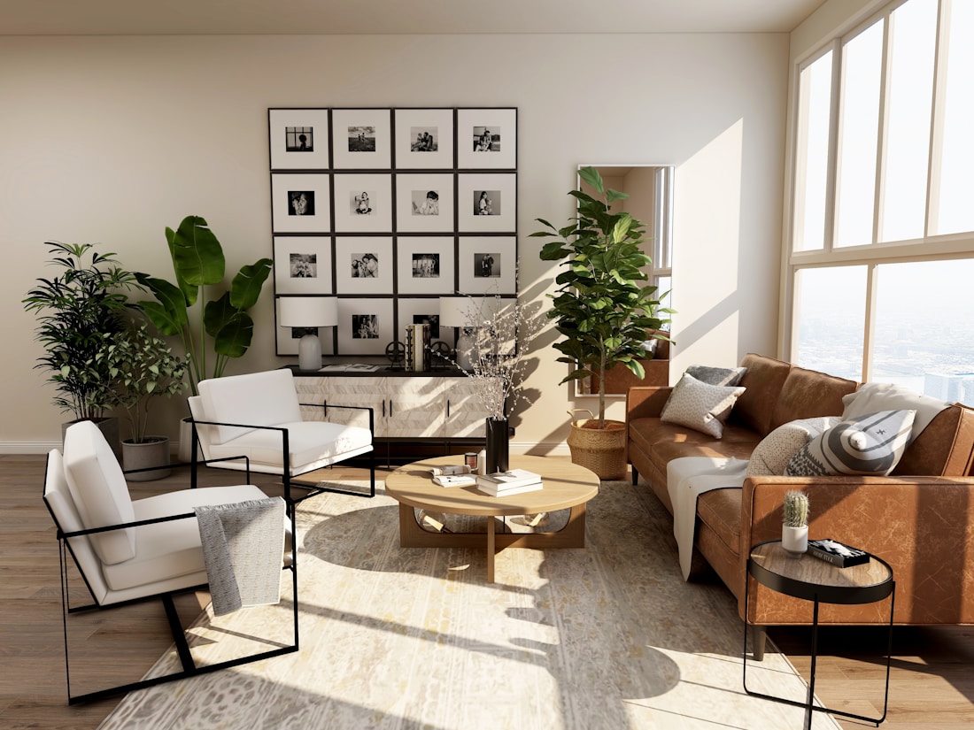 Comfortable living room with warm natural finishes and expansive windows
